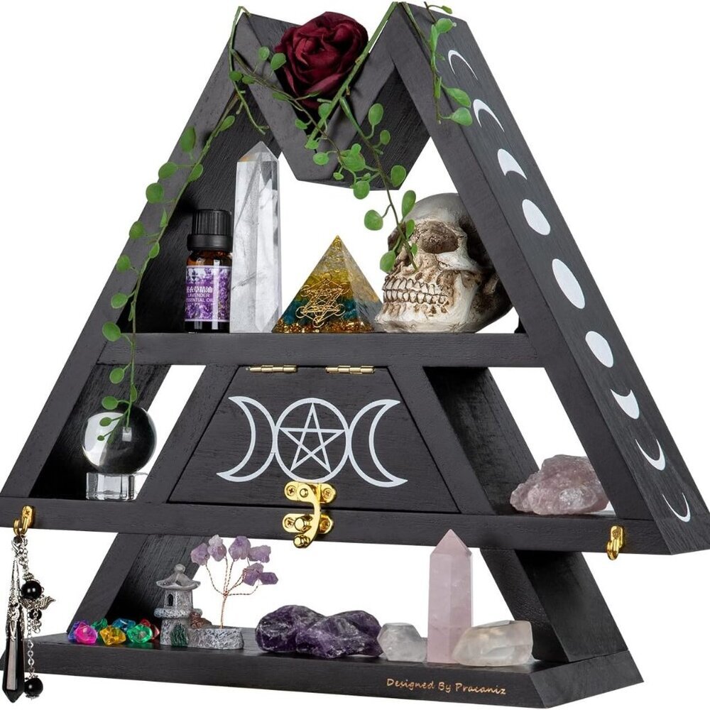 Crystal Shelf with Flap Drawer&Hooks for Wall&Desktop, Crystal Holder as Witchy